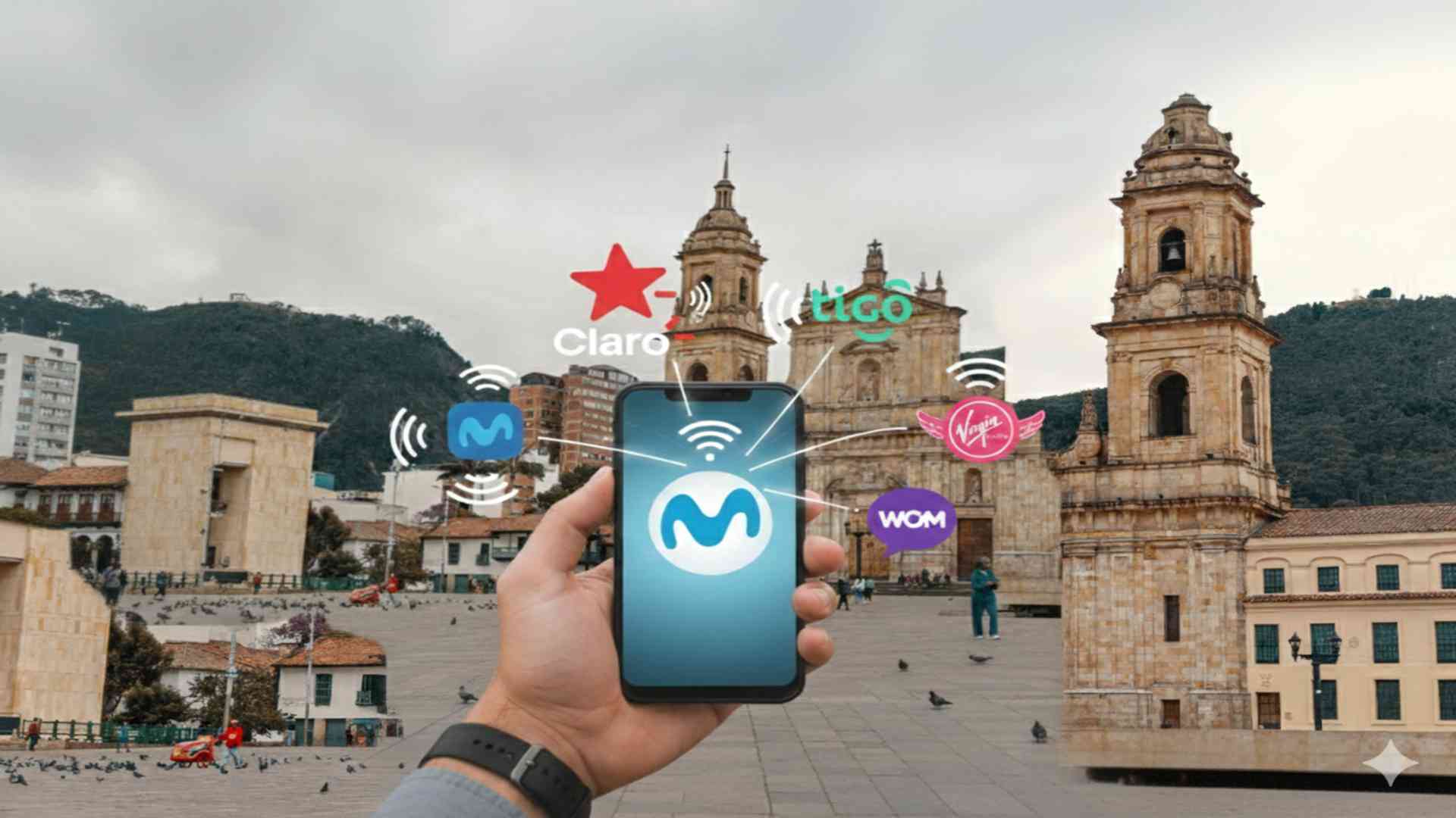 Una mano sostiene un smartphone con iconos de conectividad, sobreimpresos en una vista panorámica de la Plaza de Bolívar en Bogotá. 