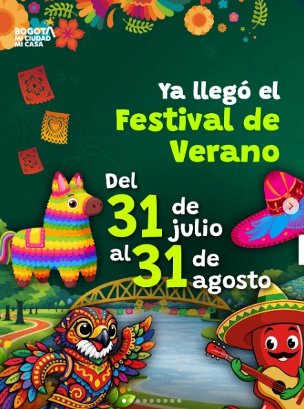Afiche del Festival de Verano de Bogotá que anuncia su realización del 31 de julio al 31 de agosto, con ilustraciones coloridas inspiradas en la cultura mexicana.