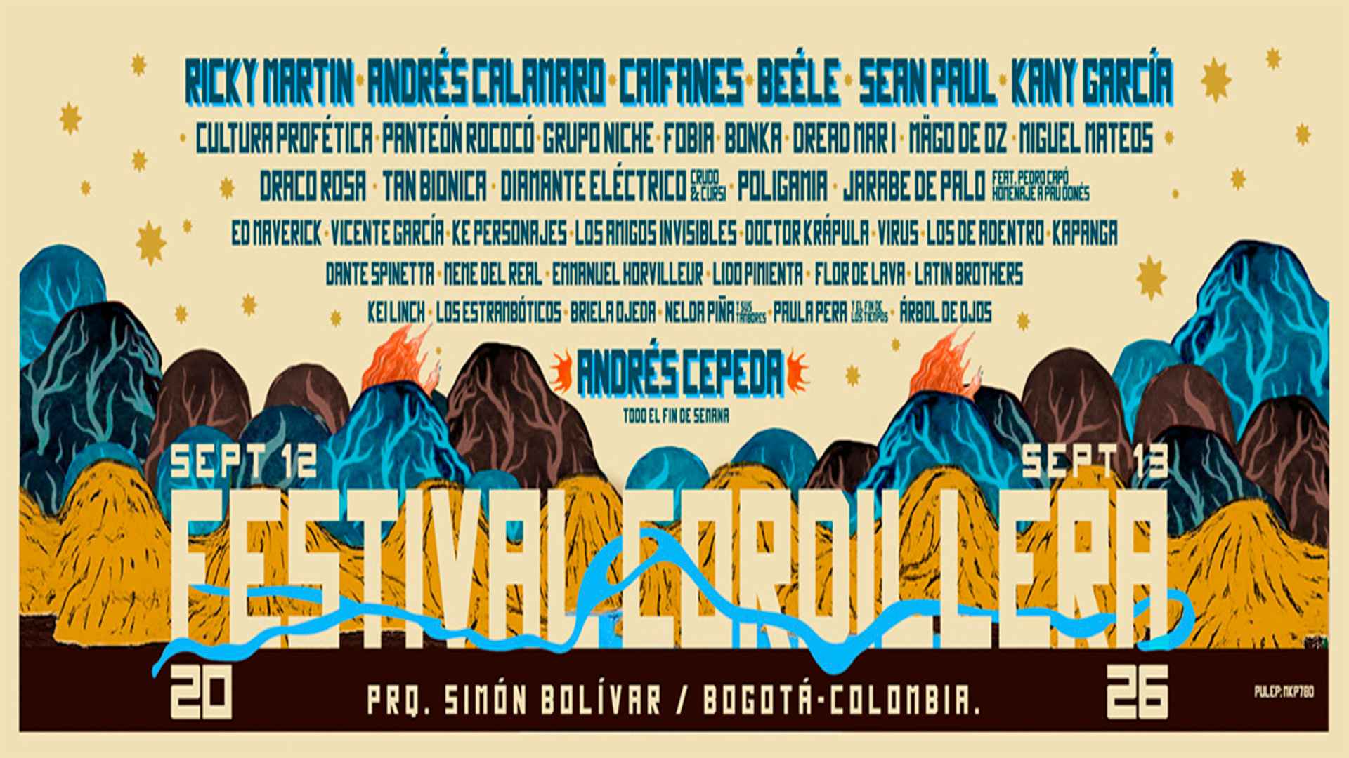 Lista con nombres de artistas sobre un fondo amarillo con estrellas, abajo una ilustración de montañas amarillas.