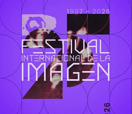 Afiche del Festival Internacional de la Imagen, con diseño geométrico en tonos morados, tipografía blanca e imágenes superpuestas en el centro.