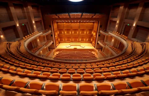 Interior of a theater, viewed from below, with several rows of gold-colored benches.