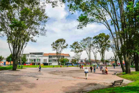 General view of the central square where there are several tall trees and people walking around.