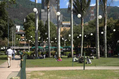 Parque urbano con palmeras y luces colgantes, personas sentadas y caminando sobre el césped en un día soleado, con montañas al fondo.