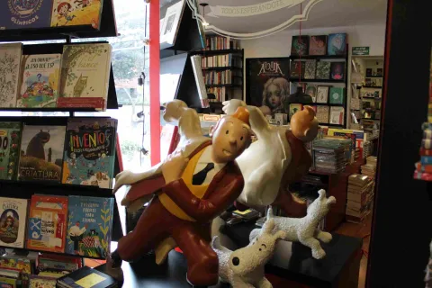 Tintin and Snowy figurines on a table, surrounded by shelves of books in a bookstore.