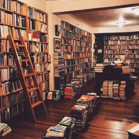 Interior de librería con estanterías llenas de libros, pilas organizadas en el suelo y una escalera de madera para acceder a los estantes altos.