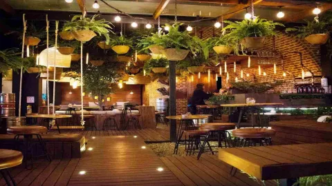 Terraza interior del bar con plantas colgantes, iluminación cálida de guirnaldas y mobiliario de madera. 