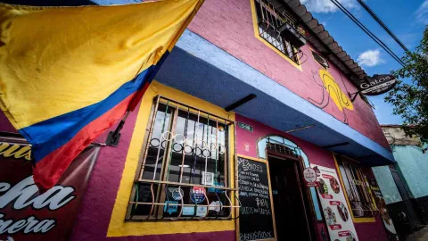 FOTO 3: Acercamiento a la fachada que muestra la bandera colombiana y un mural distintivo de silueta felina sobre la pared rosa.