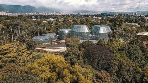 Aerial view of the Bogotá Botanical Garden, featuring the Tropicario nestled among lush gardens and palm trees, with the city skyline in the background.