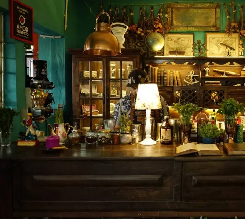 Interior de un bar de estilo vintage, con barra de madera, botellas, libros, objetos antiguos, mapas y elementos decorativos que evocan una botica o gabinete de exploración.