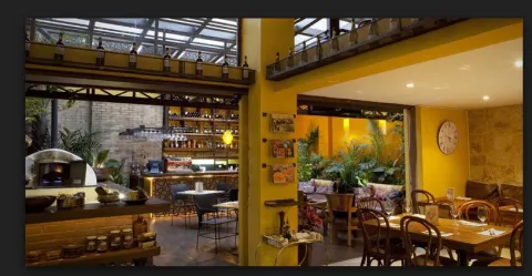 Interior de restaurante con decoración cálida en tonos amarillos, mesas de madera, vegetación y una barra iluminada al fondo.