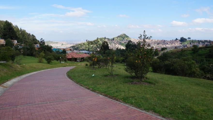 Parque Entrenubes con camino de ladrillo rodeado por árboles pequeños y otra vegetación, al fondo se ven montañas y mucho más lejos la ciudad. El cielo está azul con algunas nubes.  