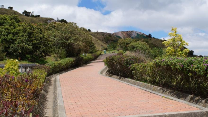 Parque Entrenubes con camino de ladrillo que conduce hacia arriba de la montaña rodeado por árboles pequeños y otra vegetación. El cielo está azul con algunas nubes.  