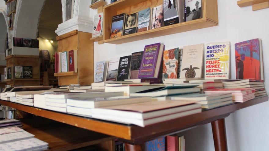 Garabato Libros, plano general de libros sobre una mesa de madera y apoyados sobre una pared blanca.