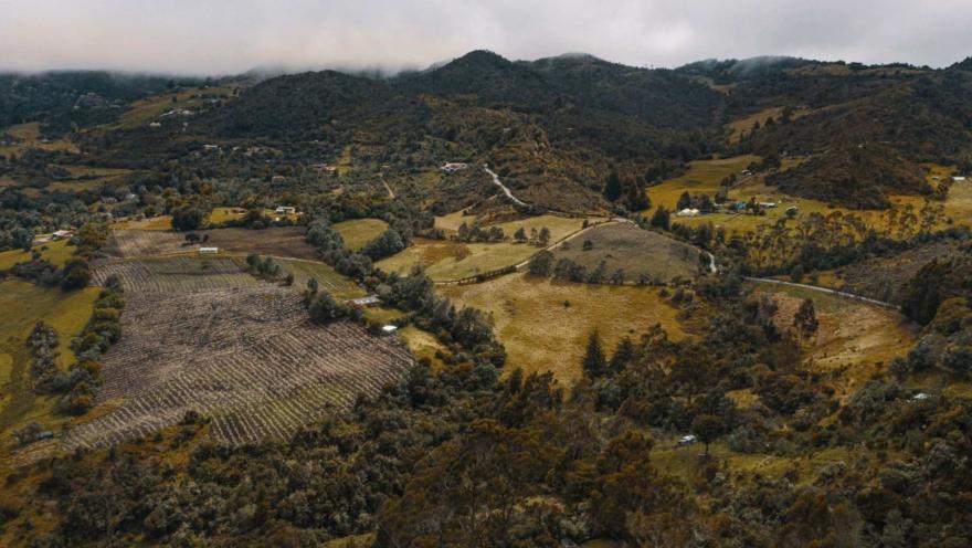Páramo El Verjón plano general de la región donde destacan montañas verdes y planicies casi amarillas con algo de cultivos. A lo lejos se ven algunas viviendas y el cielo está tapado por nubes.