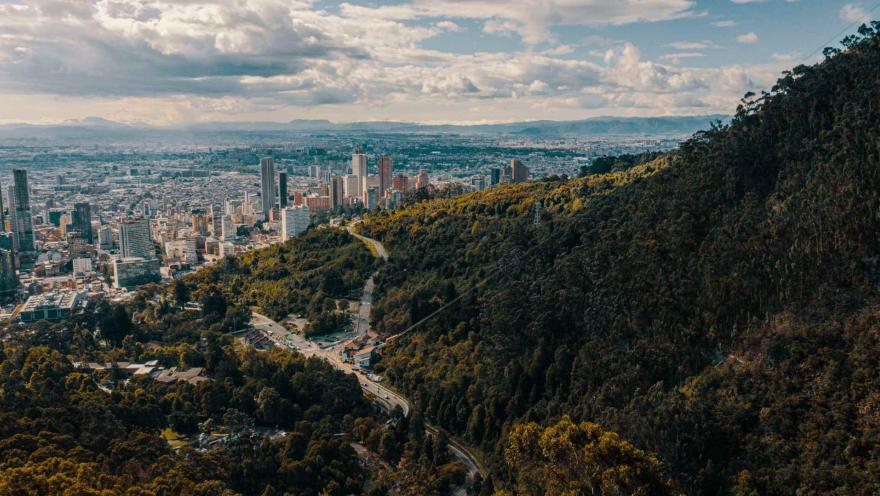 Monserrate Hill, a view from the inside highlighting Avenida Circunvalar surrounded by dense trees, with the city and its tall and low buildings in the background. The sky is blue with white clouds.