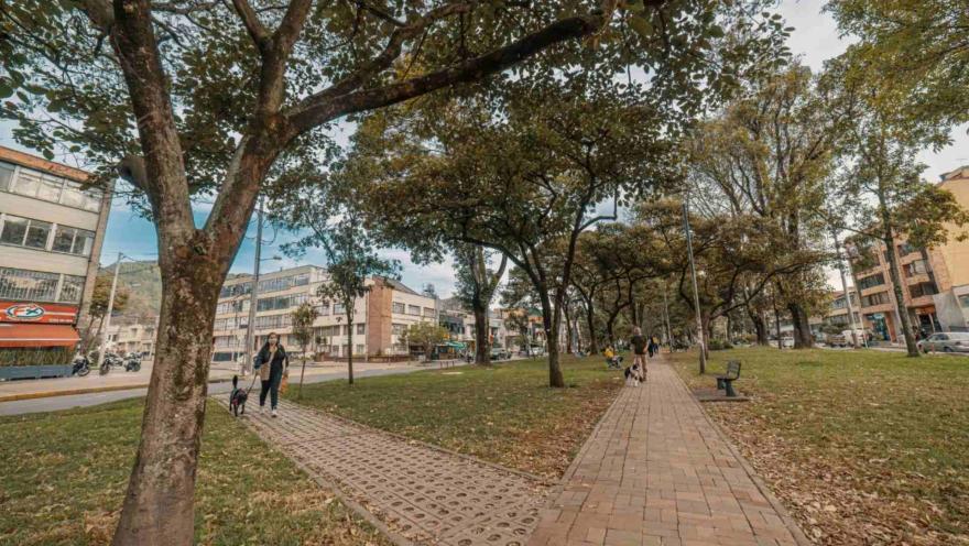 Park Way en vista general del camino de ladrillos rodeado por árboles, personan caminando, una mujer con un perro negro y a los lados edificios comerciales.