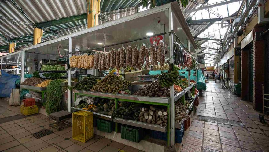 La fotografía presenta un amplio puesto de venta de verduras y frutas en un mercado cubierto. Numerosos tipos de vegetales frescos, como pepinos, cebollas y plátanos, están cuidadosamente apilados en estantes y colgados. Se observan ristras de ajos colgando en la parte superior. El pasillo del mercado, con su techo de láminas, se extiende hacia el fondo, mostrando más puestos en la distancia.