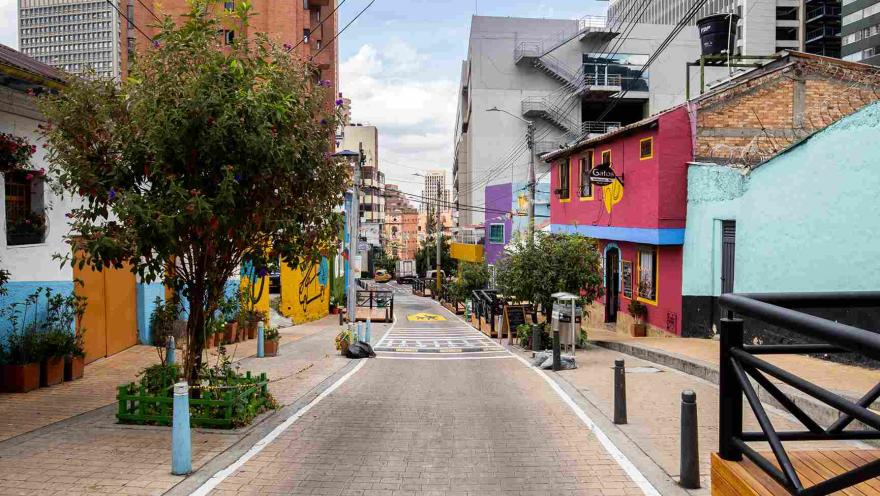 Esta imagen ofrece una vista más amplia de la calle colorida de Bogotá, mostrando cómo los edificios de colores vibrantes contrastan con la arquitectura moderna del fondo. Las casas de ladrillo y hormigón de mayor altura se mezclan con las fachadas pintadas de fucsia, azul claro y amarillo. Los árboles frondosos y las jardineras de plantas añaden un toque de naturaleza al paisaje urbano. La calle, con su pavimento de ladrillo y sus barandales de madera, invita a los visitantes a caminar y explorar