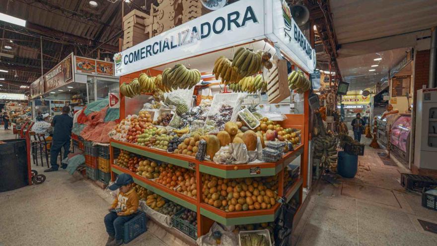 Esta imagen presenta un puesto de frutas "Comercializadora" en el centro de un mercado cubierto. Plátanos cuelgan de la parte superior, mientras que el puesto exhibe una enorme variedad de frutas frescas dispuestas en niveles. Un niño está sentado en un cajón en primer plano a la izquierda. El fondo muestra otros pasillos del mercado con gente y más puestos.