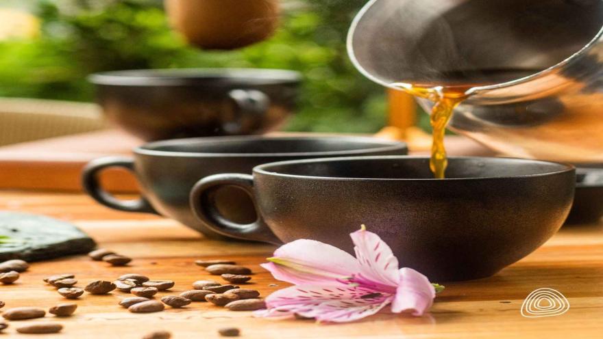 Café caliente siendo vertido en una taza negra, con granos de café y una flor rosa de adorno.