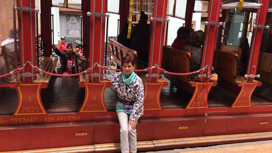  Mujer adulta sentada al frente de un tranvía de color rojo.