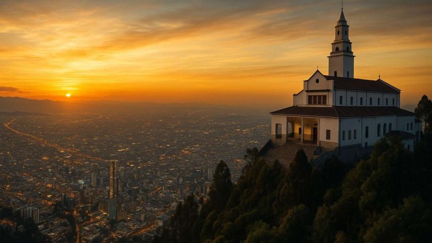 Fachada digitalizada de la iglesia de Monserrate en la cima de una montaña, en un atardecer con la ciudad abajo y al fondo el sol.