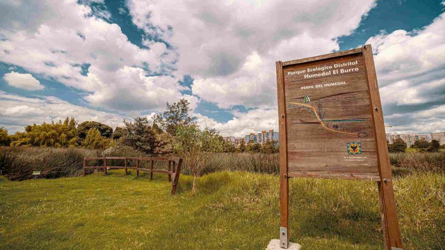 Una zona verde en la que destaca un cartel en madera con una leyenda que dice: “Parque Ecológico Distrital Humedal El Burro”.