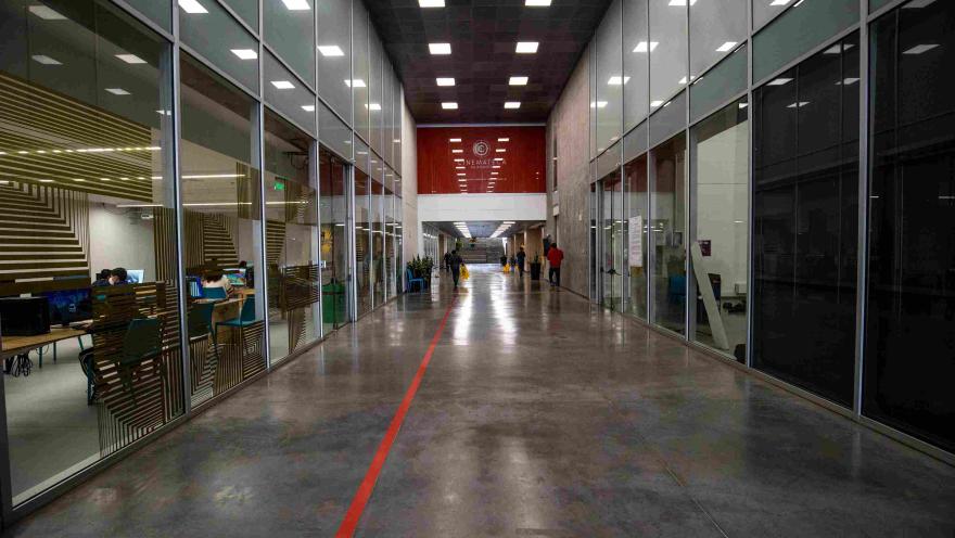 Largo pasillo interior con varias oficinas a lado y lado.