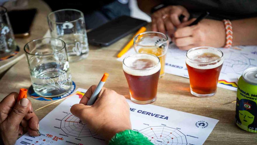  Personas participando en una cata de cerveza, anotando sus impresiones en fichas con gráficos de sabores. 