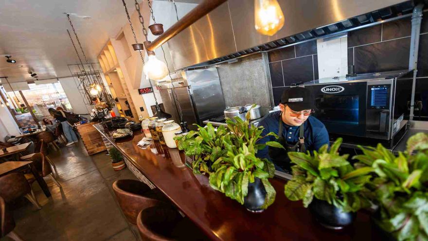 Un chef trabajando en una cocina moderna y espaciosa, con plantas decorativas en la barra del restaurante. 