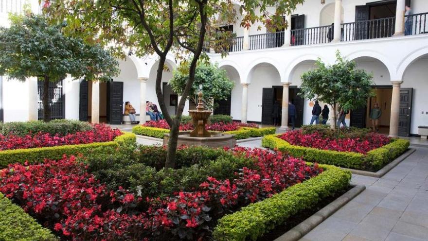 Jardín interior del Museo Botero completamente adornado en el suelo por flores rojas y verdes. Hay una fuente de agua en el centro.
