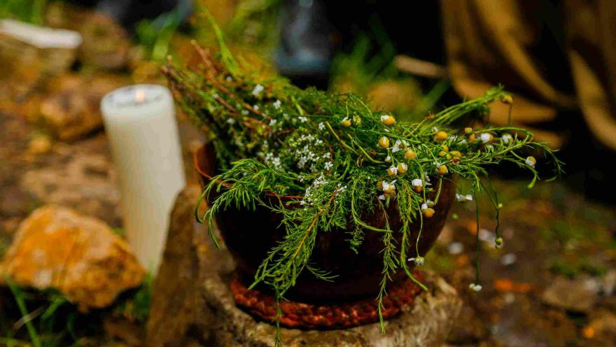 Un tazón de cerámica lleno de flores y plantas está sobre una roca, con una vela blanca cerca.