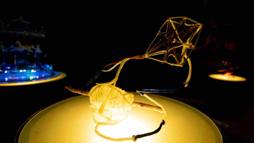  Una extraña figura delgada, parece que en vidrio, evoca una cometa y su hilo, sobre un foco de luz amarilla.