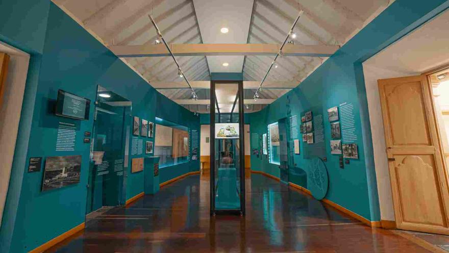 Un salón interior pintado de azul con algunos objetos en marcos de cristal sobre las paredes. En el centro hay un exhibidor de vidrio y madera.