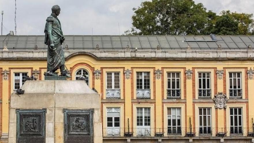 Estatua de un personaje histórico de pie sobre un pedestal, ubicada frente a un edificio de estilo neoclásico con columnas altas y detalles arquitectónicos en piedra. La escultura tiene una pátina verdosa y está rodeada de algunas palomas posadas en la base, en un entorno urbano de carácter histórico y solemne.