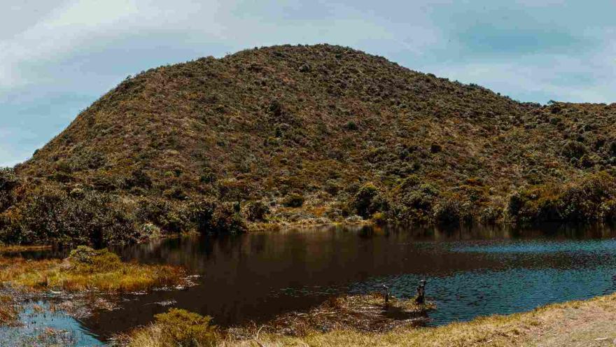 Un lago rodeado de montañas y hierba, reflejando la belleza natural del paisaje.