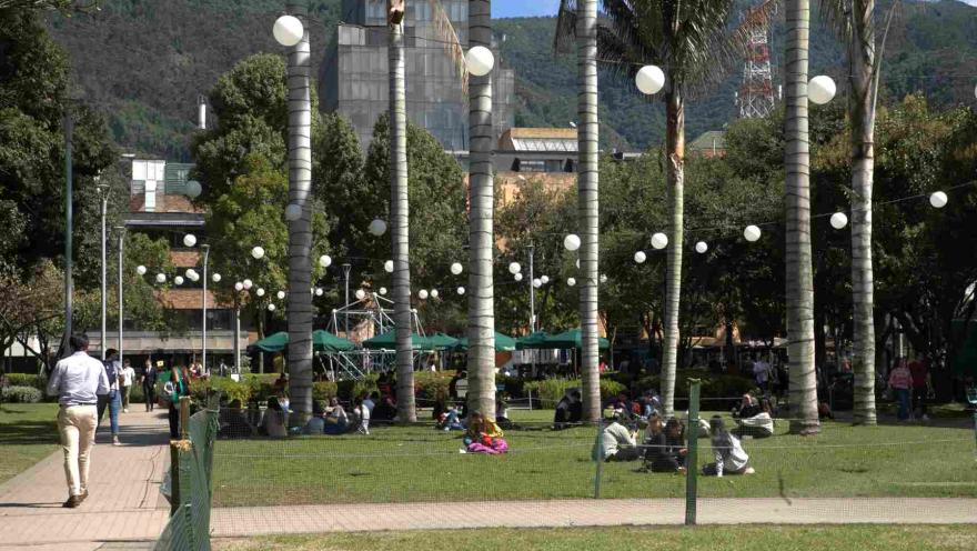 Parque urbano con palmeras y luces colgantes, personas sentadas y caminando sobre el césped en un día soleado, con montañas al fondo.