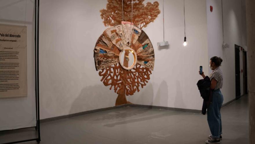 Persona observa y fotografía una obra artística colgante con forma de árbol en una sala de museo.