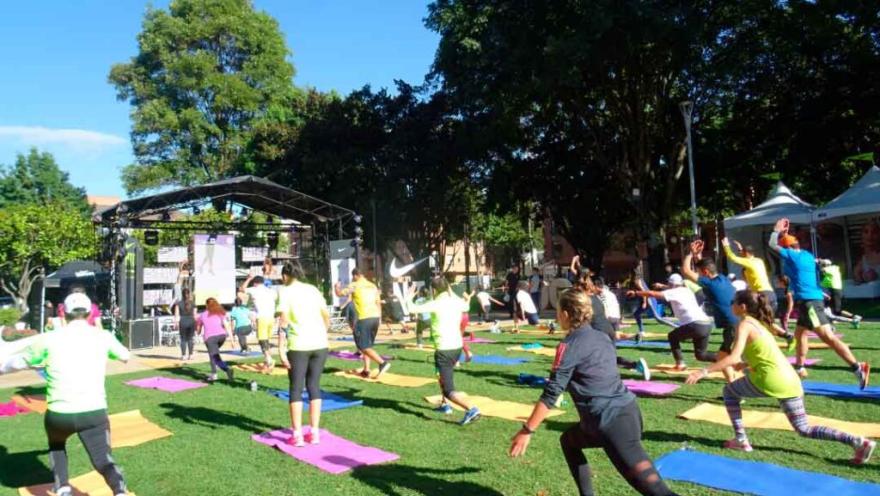 Grupo de personas realizando una clase de ejercicio al aire libre sobre tapetes de colores en un parque. 