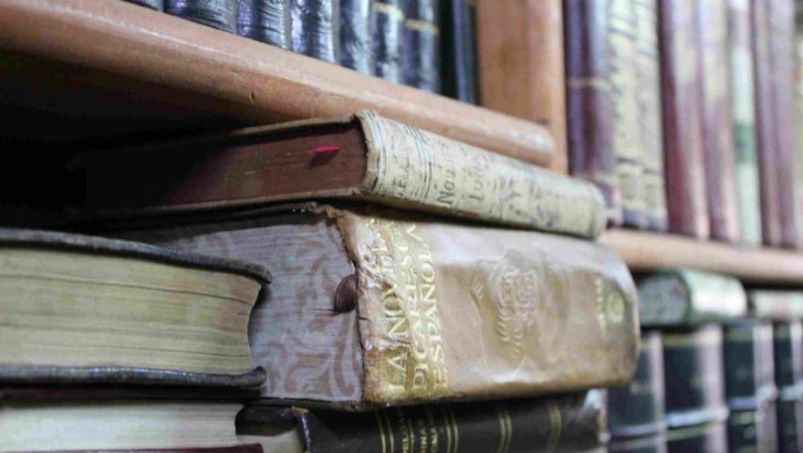 Libros antiguos apilados y en estantería, con cubiertas desgastadas y detalles en relieve.