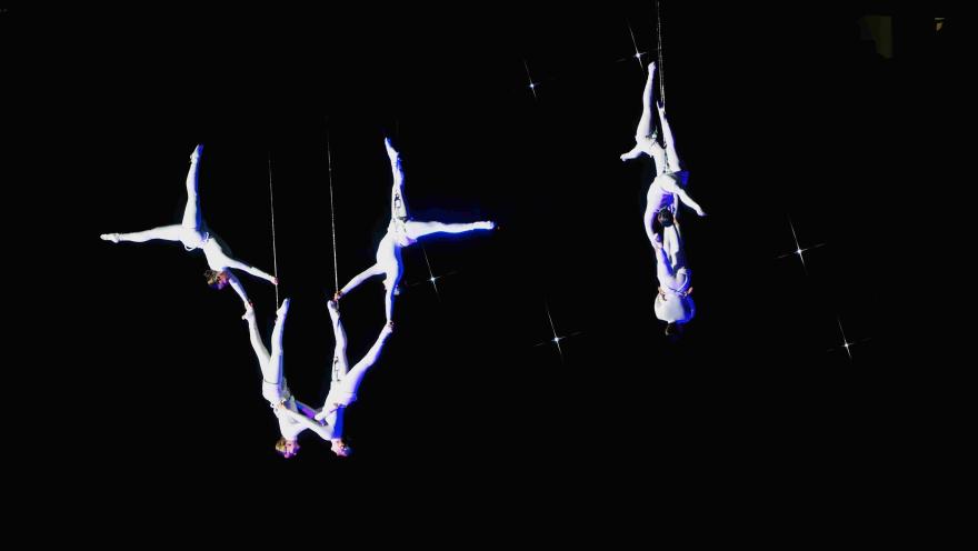 Acróbatas vestidos de blanco realizan figuras suspendidos en el aire con arneses, formando composiciones simétricas sobre un fondo negro con destellos de luz que evocan estrellas.