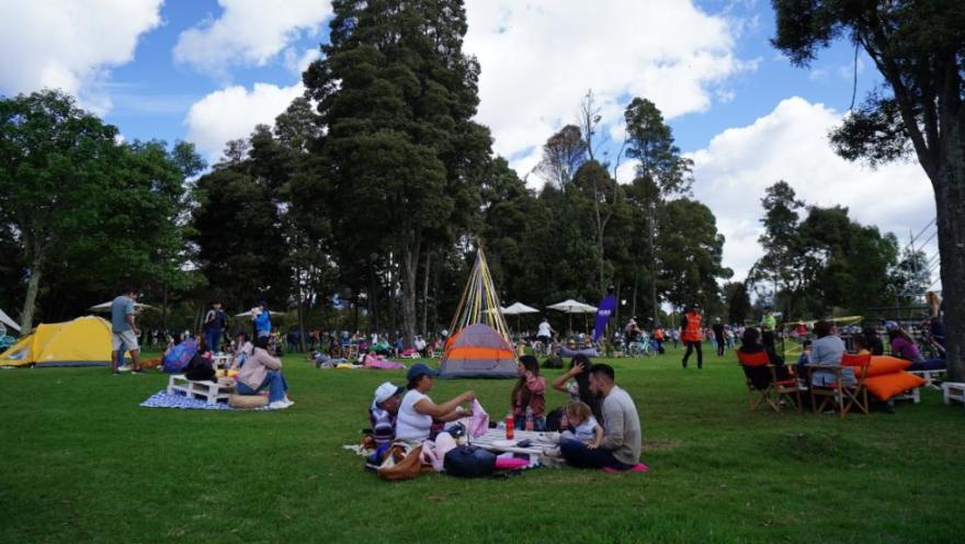 Personas disfrutando de un picnic y actividades al aire libre en un parque, con carpas y árboles alrededor.