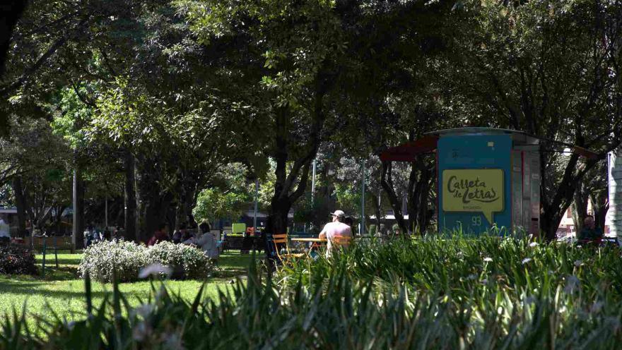 Vista del parque con zonas verdes, personas descansando y un ambiente tranquilo rodeado de vegetación.