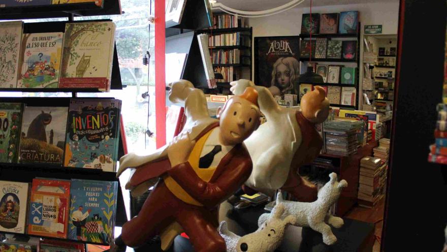 Figura de Tintín y Milú sobre una mesa, rodeados de estanterías con libros en una librería.