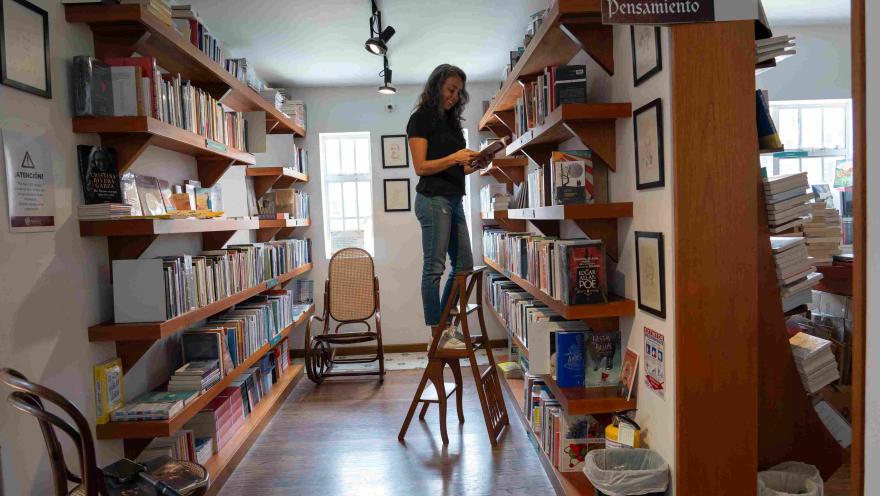 Woman on a ladder reading a book among wooden shelves full of books in a bookstore.