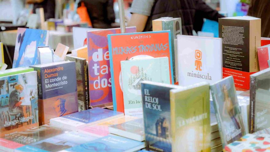 Mesa de exhibición con una variada selección de libros y novelas en una feria literaria, rodeada de visitantes y editoriales independientes en un ambiente cultural y creativo.