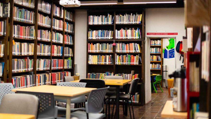 Interior de biblioteca con estanterías repletas de libros y mesas de estudio vacías; al fondo, un mural infantil asoma desde una sala contigua, aportando un toque lúdico al espacio.