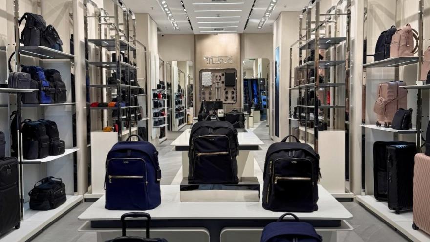 Interior de una tienda de equipaje y accesorios con mochilas, maletas y bolsos exhibidos en estanterías modernas.