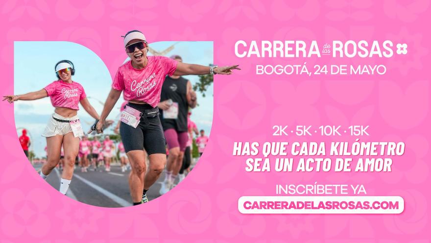 Un flyer promocional en tonos rosados que invita a participar en la carrera por las mujeres que amamos en Bogotá.