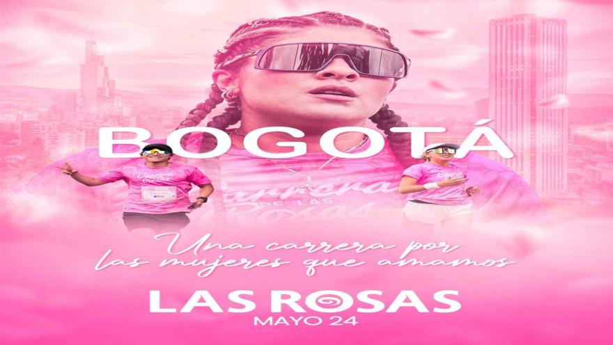 A promotional flyer in shades of pink inviting people to participate in the race for the women we love in Bogotá.